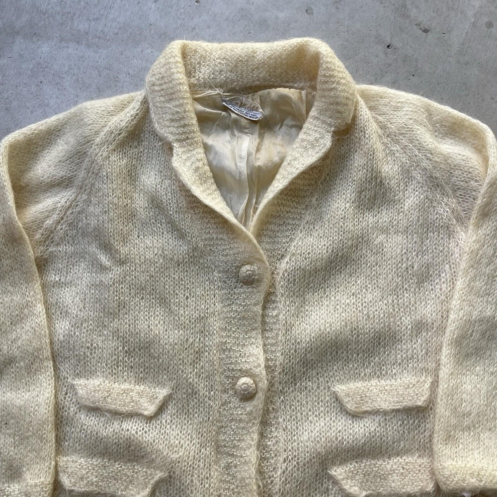 Vintage 60s Mohair Wool Cardigan Shawl Collar Lined Cream Fuzzy Sweater Coat - Picture 2 of 11